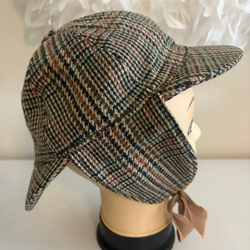 Vintage Tweed Wool Plaid Deerstalker Sherlock Holmes Hat Iconic Hunting Preppy